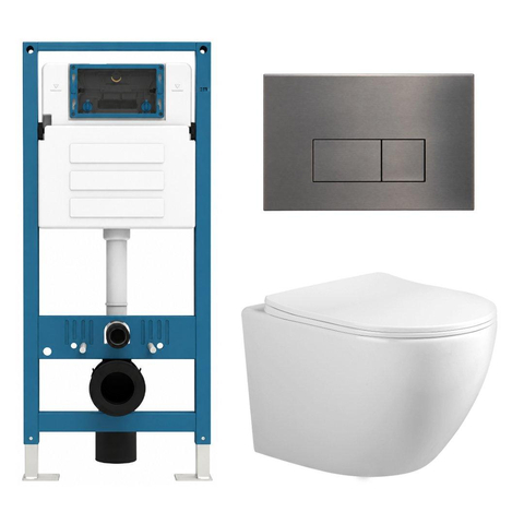 Adema Salina 2.0 Toiletset - 48.5x36x32cm - diepspoel - spoelrandloos - QeramiQ inbouwreservoir - softclose - quickrelease - toiletzitting - gunmetal metalen bedieningsplaat - rechthoekige knoppen - wit SW1474586
