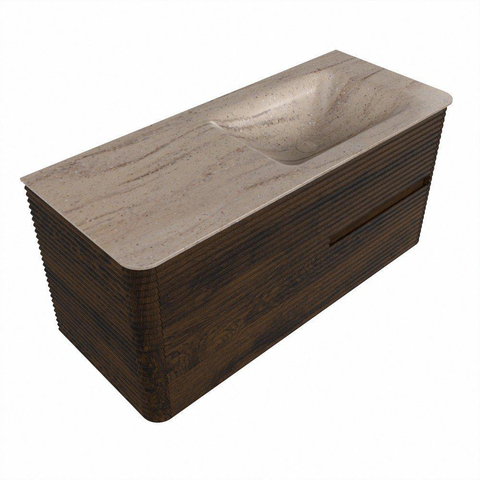 Mondiaz CIRO-DLUX Badkamermeubelset - 110x45x50cm - Solid surface wastafel Saba - 1 wasbak Rechts - zonder kraangaten - 2 lades - Walnut SW1530669