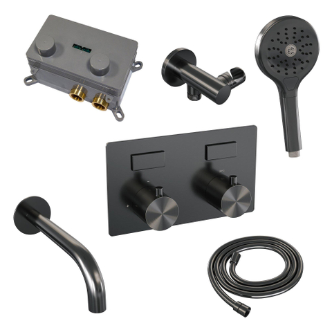 Brauer Gunmetal Edition mitigeur thermostatique bain encastré bouton poussoir set 04 bec 3 positions douche à main flexible de douche raccord mural coude gunmetal Brushed pvd SW925713