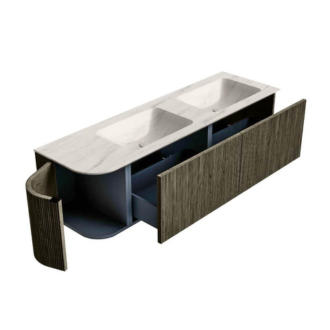 MONDIAZ KURVE-DLUX Meuble de salle de bains 155cm arrondi Gauche couleur Shadow avec 2 tiroirs et 1 porte. Lavabo LEAF Double / Droite 2 trous de robinet Meli. SW1431834