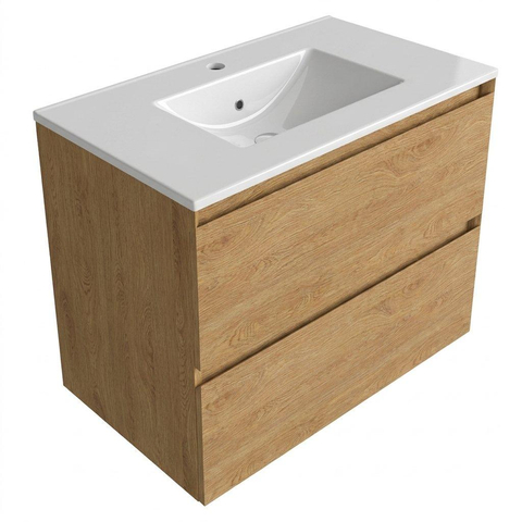 Saniclass Holz Pure Badkamermeubelset - 80x45x60cm - keramische wastafel wit - 1 wasbak - zonder kraangaten - 2 lades - Eiken Natural SW1439445
