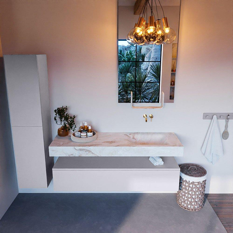 Mondiaz ALAN-DLUX Ensemble de meuble - 150cm - meuble Cale mat - 1 tiroir - Lavabo Cloud Frappe suspendu - vasque Droite - 0 trous de robinet SW805010