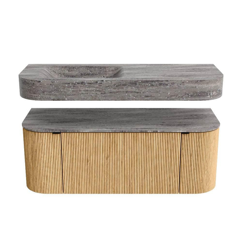MONDIAZ THOR-DLUX 120cm badmeubel ronding links + rechts kleur Oak met 1 lade en 2 deuren. Vrijhangende wastafel CLOUD Links zonder kraangat kleur Oza. SW1463419