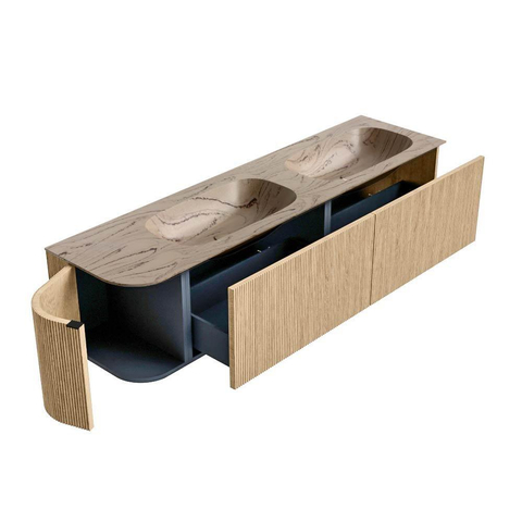 MONDIAZ KURVE-DLUX 175cm badmeubel ronding Links kleur Oak met 2 lades en 1 deur. Wastafel STOR SMALL Dubbel / Rechts zonder kraangat Arena. SW1431159
