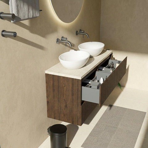 Saniclass Holz Atelier Ensemble meuble de salle de bains - 120x45x63cm - Plateau en pierre naturelle travertin - sans trou de robinet - 2 tiroirs - chêne charcoal mat (bois) SW1478871