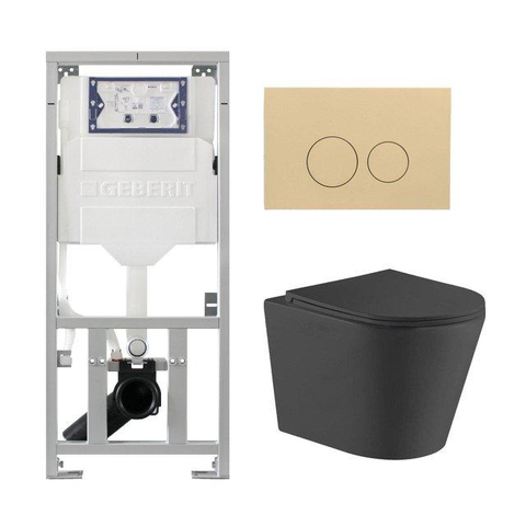 QeramiQ Dely Toiletset - 36.3x51.7cm - diepspoel - rimless - Geberit UP320 inbouwreservoir - met Burda frame - softclose toiletzitting - bedieningsplaat beige - ronde knoppen - mat zwart SW1164819