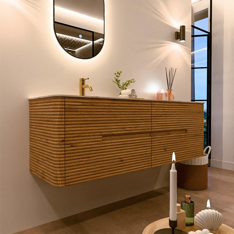 Mondiaz CIRO-DLUX Ensemble de meubles de salle de bains - 150x45x50cm - Vasque solid surface Frappe - 1 lavabo à gauche - 1 trou de robinet - 4 tiroirs - Chêne SW1530875