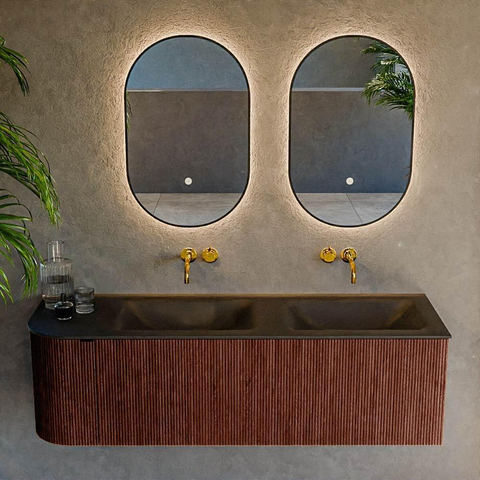 Mondiaz KURVE Ensemble meuble de salle de bains - 145x46x40cm - 1 tiroir - 1 porte - lavabo solid surface - double / droite - sans trou de robinet - Ruby SW1415359