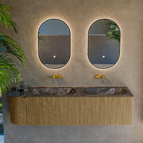 Mondiaz KURVE-DLUX Ensemble meuble de salle de bains - 165x46x40cm - 2 tiroirs - 1 porte - lavabo solid surface - double / droite - sans trou de robinet - Dusk SW1415554