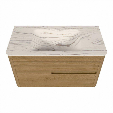 Mondiaz CIRO-DLUX Ensemble de meubles de salle de bains - 90x45x50cm - vasque en solid surface Nata - 1 lavabo au milieu - sans trous de robinet - 2 tiroirs - Chêne SW1531446