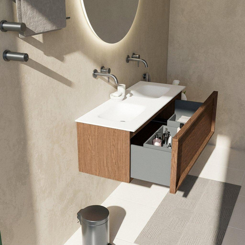 Saniclass Holz Frame Badkamermeubelset - 120x45x41.5cm - Flow solid surface wastafel wit - 2 wasbakken - zonder kraangaten - 1 lade - mat walnut pure (hout) SW1478412