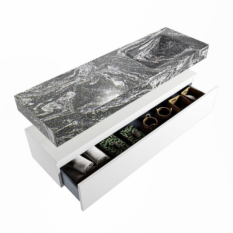 Mondiaz ALAN-DLUX Ensemble de meuble - 150cm - meuble Talc mat - 1 tiroir - Lavabo Cloud Lava suspendu - vasque Droite - 0 trous de robinet SW807890