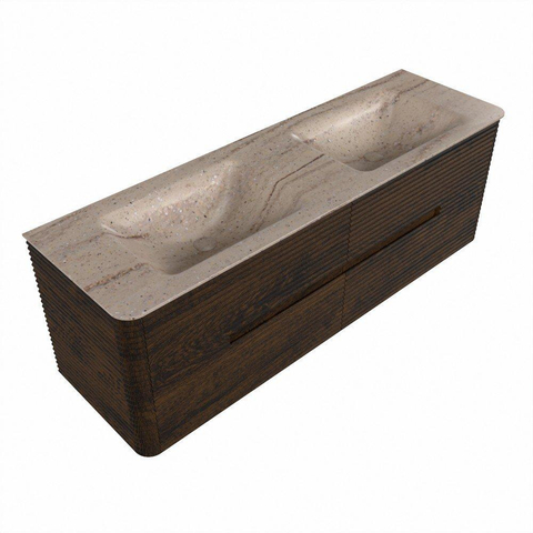 Mondiaz CIRO-DLUX Badkamermeubelset - 150x45x50cm - Solid surface wastafel Saba - 2 wasbak Dubbel - zonder kraangaten - 4 lades - Walnut SW1530678