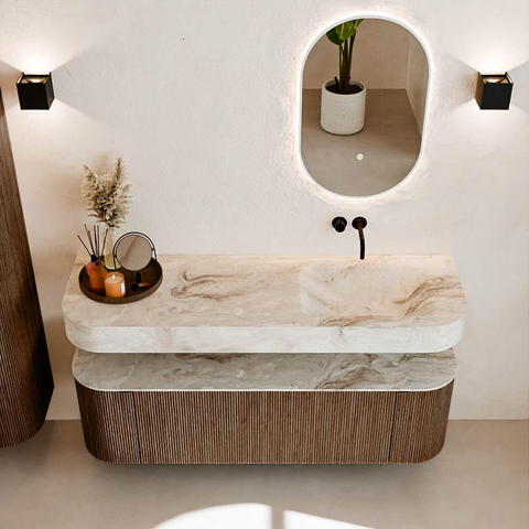 MONDIAZ THOR-DLUX 150cm badmeubel ronding links + rechts kleur Walnut met 1 lade en 2 deuren. Vrijhangende wastafel CLOUD Rechts zonder kraangat kleur Frappe. SW1464646