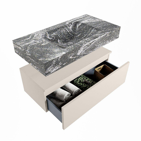 Mondiaz ALAN-DLUX Ensemble de meuble - 90cm - meuble Linen mat - 1 tiroir - Lavabo Cloud Lava suspendu - vasque Centre - 0 trous de robinet SW808176