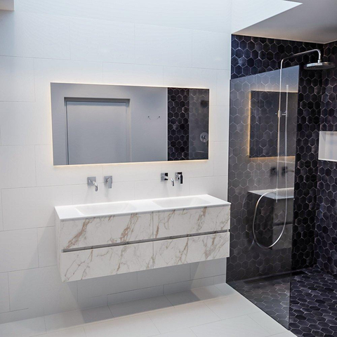 ENSEMBLE DE MEUBLE MONDIAZ VICA - 150 cm - 4 tiroirs - lavabo Cloud double - 0 trous de robinet - solid surface marbre carrara SW410326