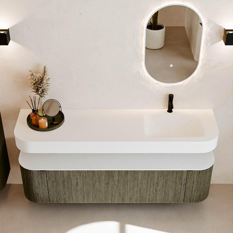 MONDIAZ THOR 170cm meuble de salle de bains arrondi gauche + droite couleur Shadow avec 1 tiroir et 2 portes. Vasque suspendue CLOUD Droite 1 trou de robinet couleur Talc. SW1465507