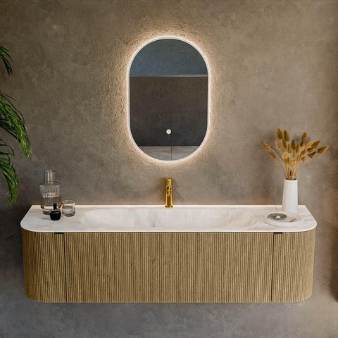 Mondiaz KURVE-DLUX Ensemble meuble de salle de bains - 160x46x40cm - 1 tiroir - 2 portes - vasque solid surface - centre - 1 trou de robinet - Dusk SW1414917