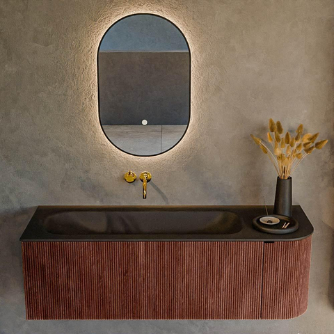 Mondiaz KURVE Ensemble de meuble de salle de bains - 135x46x40cm - 1 tiroir - 1 porte - lavabo solid surface - gauche - sans trou de robinet - Ruby SW1415436