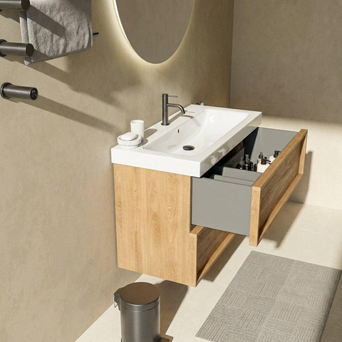 Saniclass Holz Frame Badkamermeubelset - 100x45x67.5cm - Wave keramische wastafel - 1 wasbak - 1 kraangat - 2 lades - mat eiken natural (hout) SW1579764