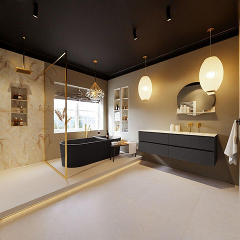 MONDIAZ VICA-DLUX Ensemble meuble de salle de bains - 150cm - meuble sous-lavabo dark grey - 4 tiroirs - lavabo encastré cloud à droite - sans trous de robinet - version hauteur 60cm - frape SW1088860