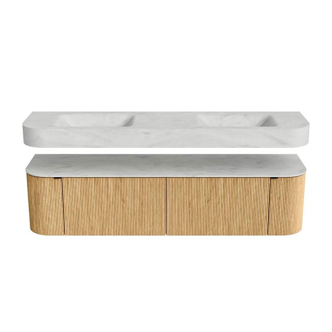 MONDIAZ THOR-DLUX 180cm badmeubel ronding links + rechts kleur Oak met 2 lades en 2 deuren. Vrijhangende wastafel CLOUD Dubbel zonder kraangat kleur Opalo. SW1465909
