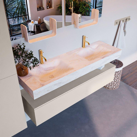 Mondiaz ALAN-DLUX Ensemble de meuble - 150cm - meuble Linen mat - 1 tiroir - Lavabo Cloud Ostra suspendu - vasque gauche et droite - 2 trous de robinet SW807397