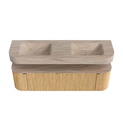 MONDIAZ THOR-DLUX 160cm meuble de salle de bains arrondi gauche + droite couleur Oak avec 1 tiroir et 2 portes. Vasque suspendue CLOUD Double sans trou de robinet couleur Saba. SW1467729