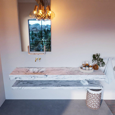 Mondiaz ALAN-DLUX Ensemble de meuble - 200cm - meuble Glace mat - 0 tiroirs - Lavabo Cloud Glace suspendu - vasque Gauche - 0 trous de robinet SW808818