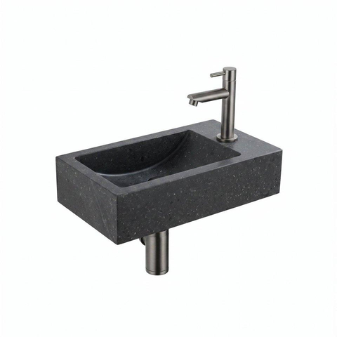 FugaFlow Eccelente Pietra ensemble de lavabo - 22x40x10cm - 1 trou de robinet - droite - pierre naturelle - robinet de lavabo Gunmetal PVD brossé - foncé SW1469015