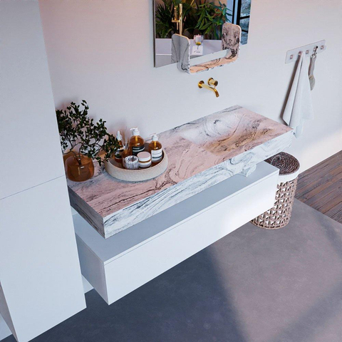 Mondiaz ALAN-DLUX Ensemble de meuble - 130cm - meuble Talc mat - 1 tiroir - Lavabo Cloud Glace suspendu - vasque Droite - 0 trous de robinet SW804899