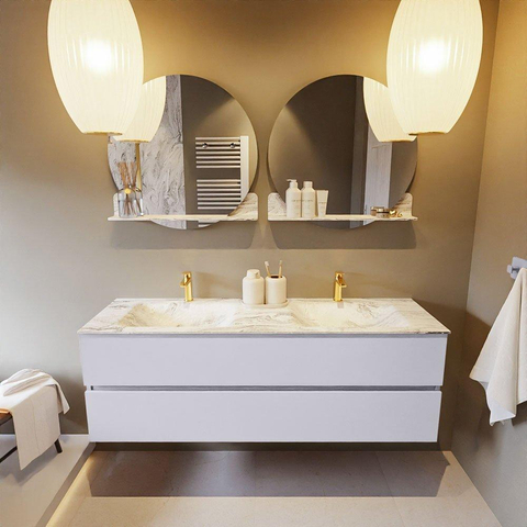 MONDIAZ VICA-DLUX Ensemble meuble de salle de bains - 150cm - sous-meuble Cale - 2 tiroirs - vasque encastrée Cloud double - 2 trous de robinet - version hauteur 60cm - Glace SW1088348