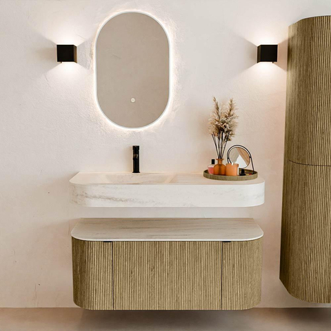 MONDIAZ THOR-DLUX 110cm meuble de salle de bains arrondi gauche + droite couleur Dusk avec 1 tiroir et 2 portes. Vasque suspendue CLOUD Gauche 1 trou de robinet couleur Meli. SW1462911