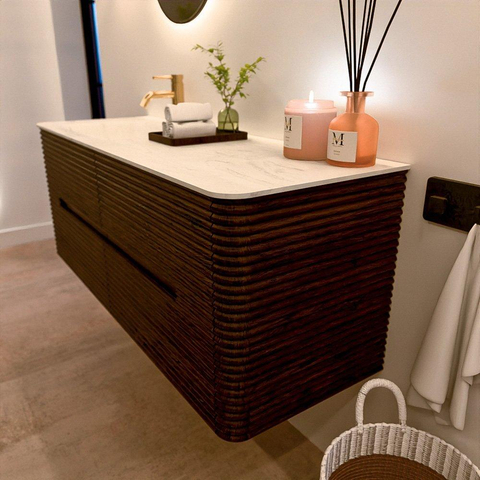 Mondiaz CIRO-DLUX Ensemble de meubles de salle de bains - 130x45x50cm - lavabo solid surface Opalo - 1 vasque à gauche - 1 trou de robinet - 4 tiroirs - Noyer SW1530503