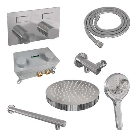 BRAUER Stripe Thermostatische Inbouw Regendouche - drukknoppen - SET 28 - 25cm douchekop - rechte muurarm - 3-standen handdouche - doucheslang - wandaansluitbocht - chroom SW1434768