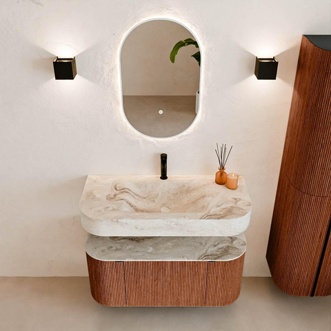MONDIAZ THOR-DLUX Meuble de salle de bains - 100cm - arrondi gauche + droite - couleur Ruby - 1 tiroir - 2 portes - Vasque suspendue CLOUD Milieu 1 trou de robinet couleur Frappe SW1467364