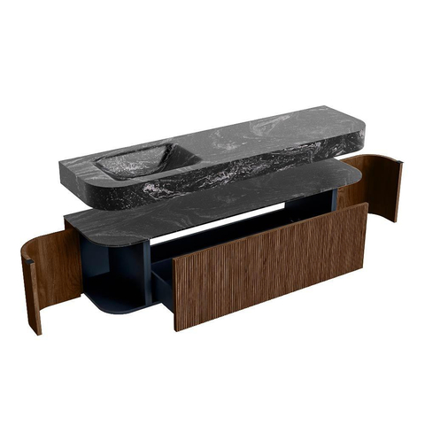 MONDIAZ THOR-DLUX 170cm badmeubel ronding links + rechts kleur Walnut met 1 lade en 2 deuren. Vrijhangende wastafel CLOUD Links 1 kraangat kleur Lava. SW1465600
