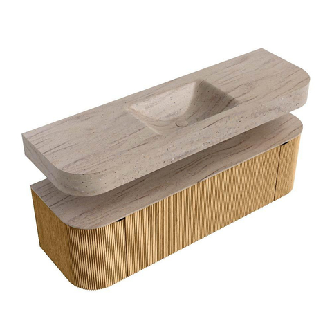 MONDIAZ THOR-DLUX 150cm meuble de salle de bains arrondi gauche + droite couleur Oak avec 1 tiroir et 2 portes. Vasque suspendue CLOUD Milieu 1 trou de robinet couleur Saba. SW1464875