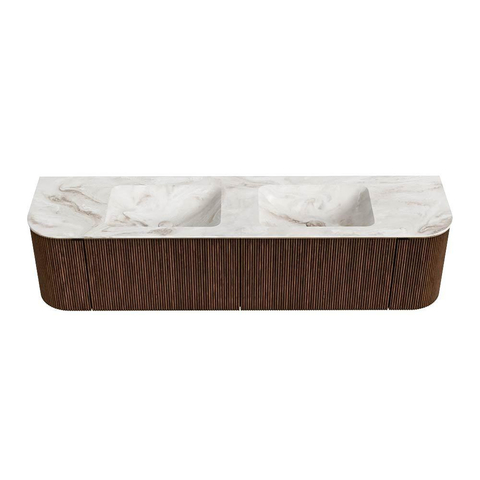 MONDIAZ KURVE-DLUX Meuble de salle de bains 180cm avec module 25 Len R couleur Walnut avec 2 tiroirs et 2 portes. Lavabo LEAF double 2 trous de robinet couleur Frappe. SW1137473