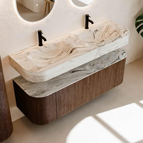 MONDIAZ THOR-DLUX 140cm meuble de salle de bains arrondi gauche + droite couleur Walnut avec 1 tiroir et 2 portes. Vasque suspendue CLOUD Double 2 trous de robinet couleur Glace. SW1463952