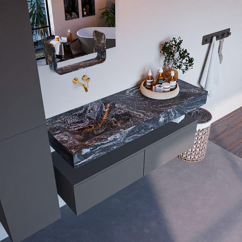 Mondiaz ALAN-DLUX Ensemble de meuble - 130cm - meuble Plata mat - 2 tiroirs - Lavabo Cloud Lava suspendu - vasque Gauche - 0 trous de robinet SW808534
