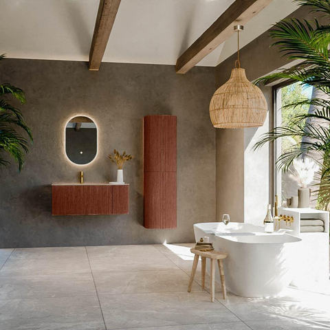 MONDIAZ KURVE-DLUX 105cm meuble de salle de bains courbure droite couleur Ruby avec 1 tiroir et 1 porte. Lavabo BIG SMALL gauche 1 trou de robinet Arena. SW1431480