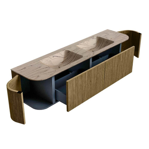 MONDIAZ KURVE-DLUX Meuble de salle de bains 180cm arrondi Gauche + Droite couleur Dusk avec 2 tiroirs et 2 portes. Lavabo LEAF Double 2 trous de robinet Arena. SW1431406