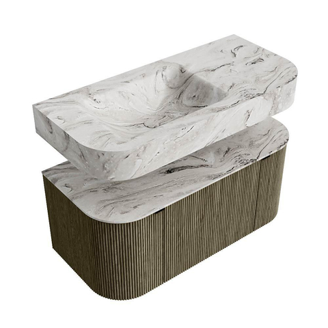 MONDIAZ THOR-DLUX 100cm meuble de salle de bains arrondi gauche + droite couleur Shadow avec 1 tiroir et 2 portes. Vasque suspendue CLOUD Gauche 1 trou de robinet couleur Glace. SW1467444