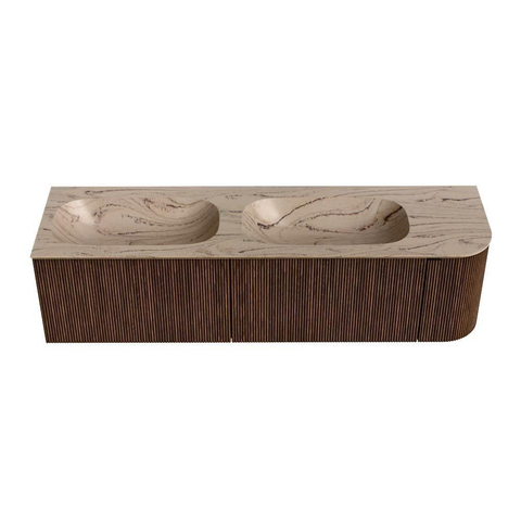 MONDIAZ KURVE-DLUX Meuble de salle de bains 165cm arrondi Droite couleur Walnut avec 2 tiroirs et 1 porte. Lavabo STOR SMALL Double / Gauche sans trou de robinet Arena. SW1431241