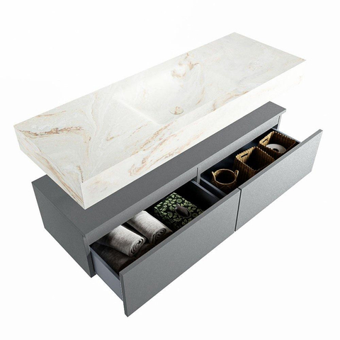 Mondiaz ALAN-DLUX Ensemble de meuble - 130cm - meuble Plata mat - 2 tiroirs - Lavabo Cloud Frappe suspendu - vasque Centre - 1 trou de robinet SW805410