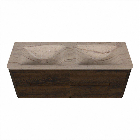 Mondiaz CIRO-DLUX Badkamermeubelset - 130x45x50cm - Solid surface wastafel Saba - 2 wasbak Dubbel - zonder kraangaten - 4 lades - Walnut SW1530693