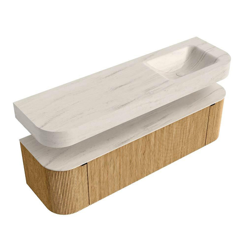 MONDIAZ THOR-DLUX 160cm meuble de salle de bains arrondi gauche + droite couleur Oak avec 1 tiroir et 2 portes. Vasque suspendue CLOUD droite 1 trou de robinet couleur Meli. SW1465155
