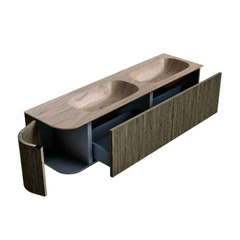 MONDIAZ KURVE-DLUX 165cm badmeubel ronding Links kleur Shadow met 2 lades en 1 deur. Wastafel STOR SMALL Dubbel / Rechts zonder kraangat Saba. SW1433292