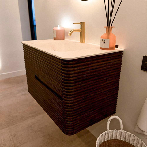 Mondiaz CIRO-DLUX Badkamermeubelset - 80x45x50cm - Solid surface wastafel Meli - 1 wasbak Midden - 1 kraangat - 2 lades - Walnut SW1530460
